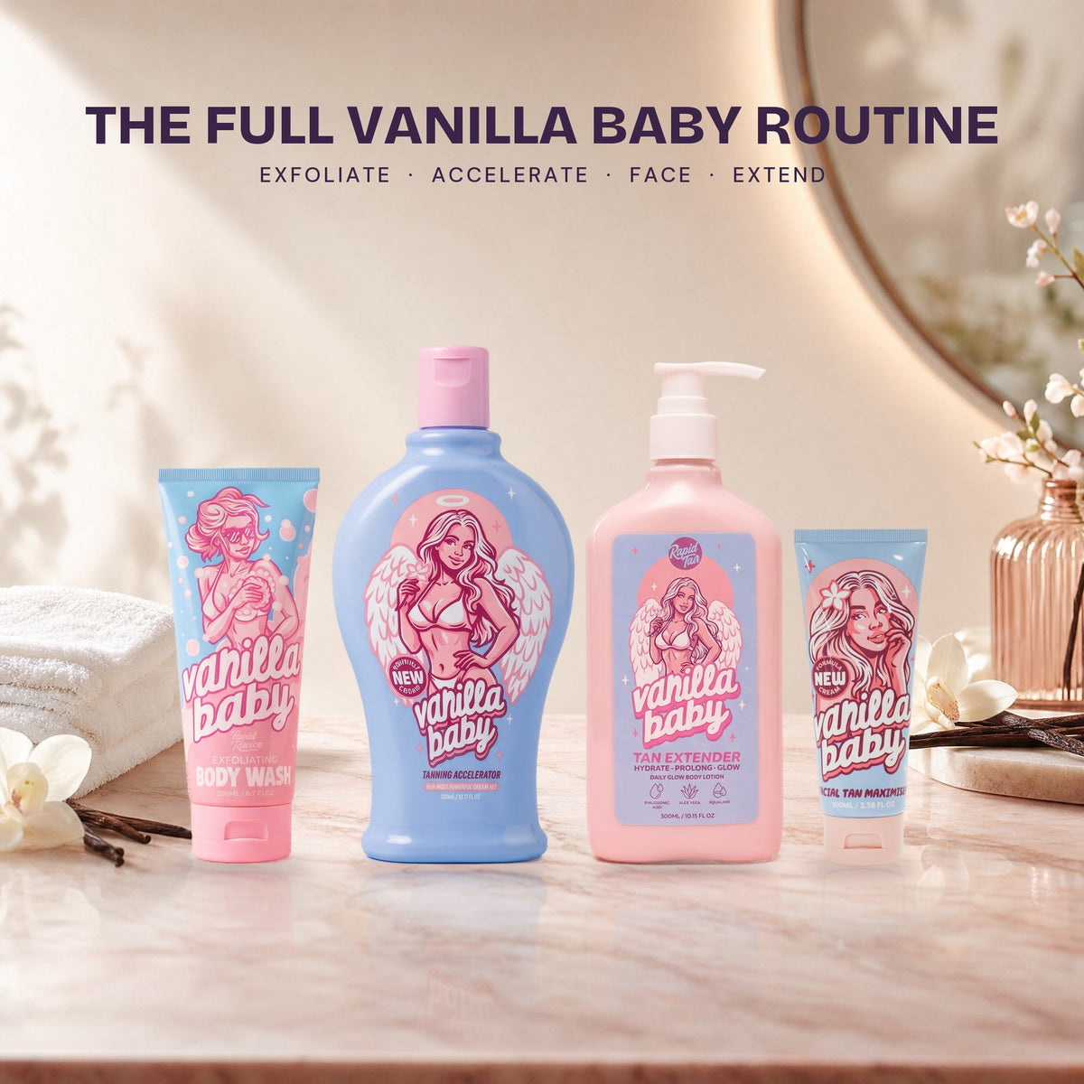 Vanilla Baby Full Routine: body wash, 360ml accelerator, tan extender, facial maximiser